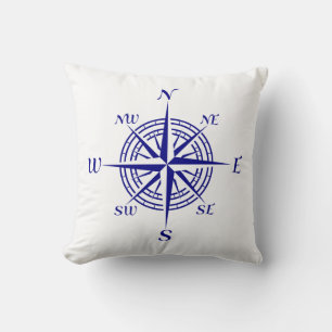 Navy Blue On White Coastal Decor Compass Rose Cushion