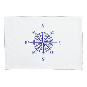 Navy Blue On White Coastal Decor Compass Rose Pillowcase