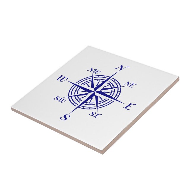 Navy Blue On White Coastal Decor Compass Rose Tile (Side)