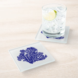 Navy Blue On White Coastal Decor Coral Glass Coaster