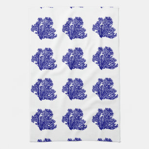 Navy Blue On White Coastal Decor Coral Tea Towel