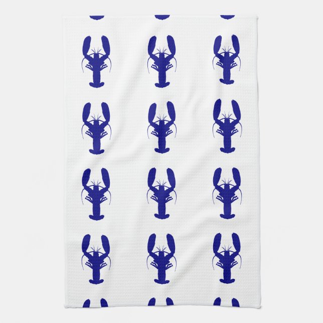 Navy Blue On White Coastal Decor Lobster Tea Towel (Vertical)