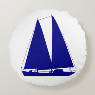 Navy Blue On White Coastal Decor Sailboat Round Cushion