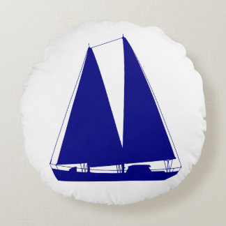 Navy Blue On White Coastal Decor Sailboat Round Cushion