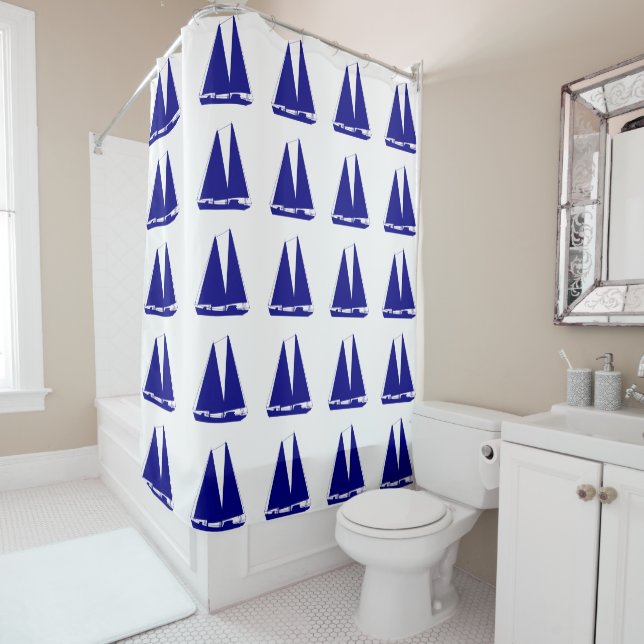 Navy Blue On White Coastal Decor Sailboat Shower Curtain (In Situ)
