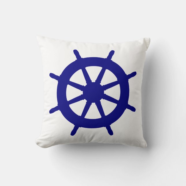 Navy Blue On White Coastal Decor Ship Wheel Cushion (Front)