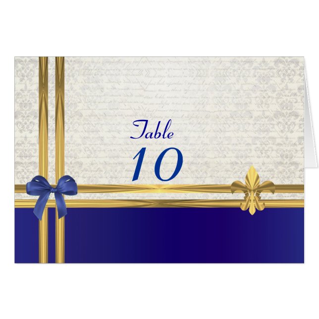 Navy blue on white damask table number (Front Horizontal)