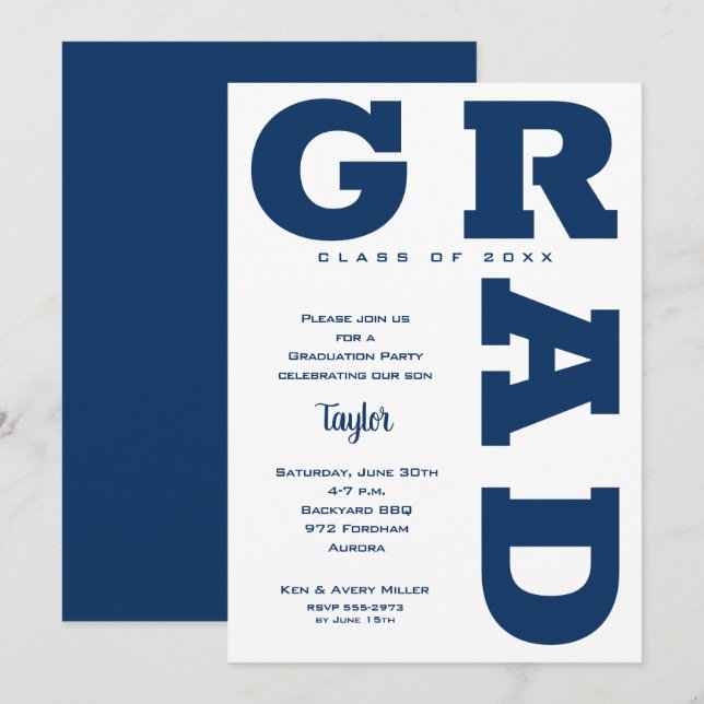Navy Blue on White Graduation Party Invitation (Front/Back)
