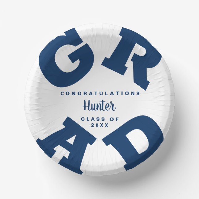 Navy Blue on White Graduation Personalised Paper Plate (Front)