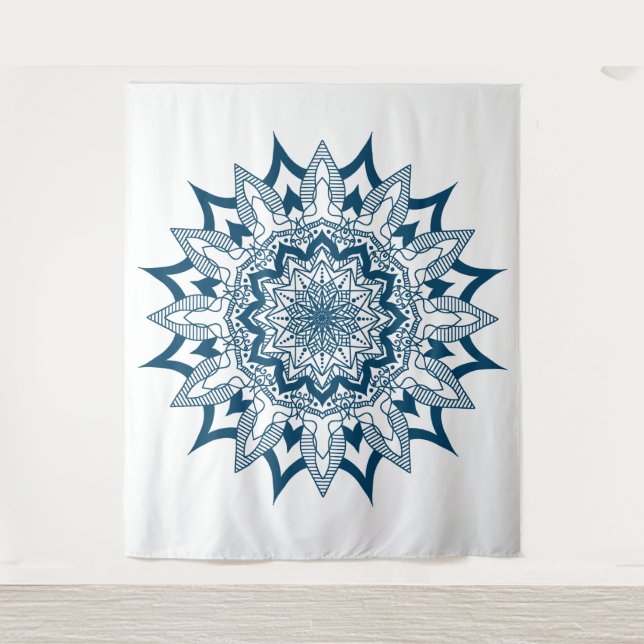 Navy-blue on white mandala tapestry (Front)