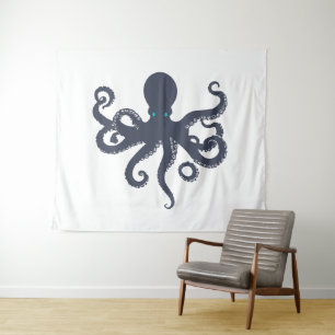Navy-blue On White Octopus Illustration Tapestry