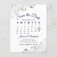 Navy Blue on White Wedding Save the Date Calendar