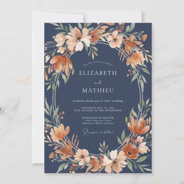 Navy Blue Opulent Autumnal Wedding Invitation (Front)