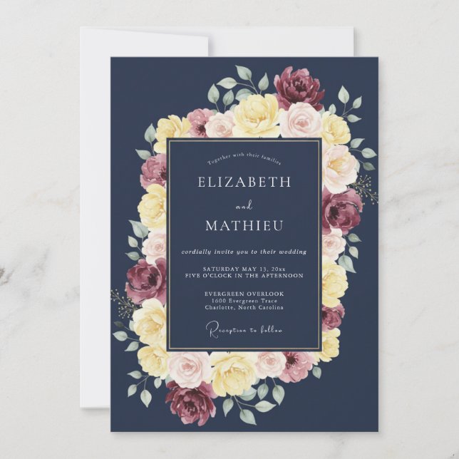 Navy Blue Opulent Floral Wedding Invitation (Front)