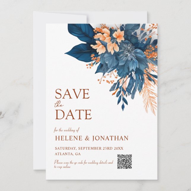 Navy Blue Orange Boho Floral Elegant Wedding Save The Date (Front)