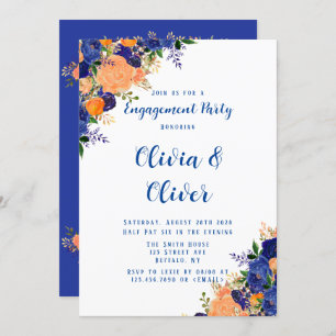 Navy Blue Orange Botanical Floral Engagement Party Invitation
