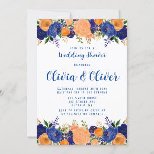 Navy Blue Orange Botanical Florals Wedding Shower Invitation
