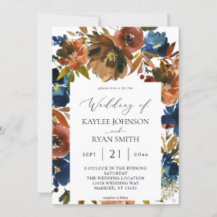 Navy Blue, Orange, & Brown Floral Fall 2 Invitation