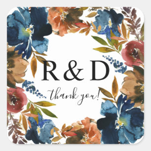 Navy Blue, Orange & Brown Floral Monogram Square Sticker