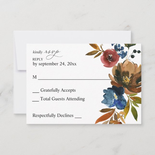 Navy Blue, Orange & Brown Floral no Meal RSVP Card (Front)