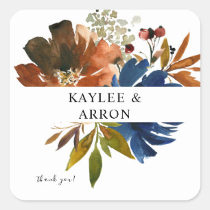 Navy Blue, Orange, & Brown Floral Thank You 2 Square Sticker