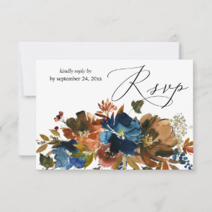 Navy Blue, Orange Brown Floral with Meal RSVP Card