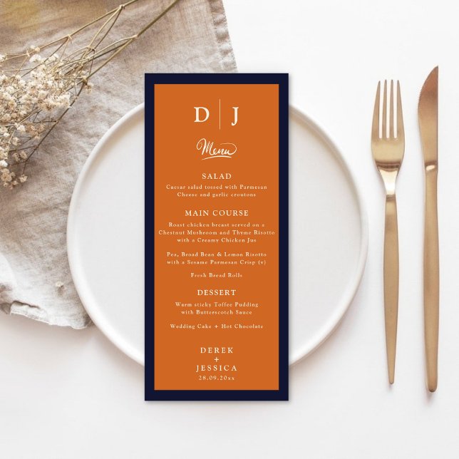 Navy Blue Orange & Cream Elegant Luxury Wedding  Menu (Creator Uploaded)