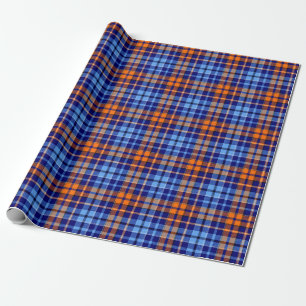 Navy Blue Orange Cyan Plaid Tartan Design Wrapping Paper