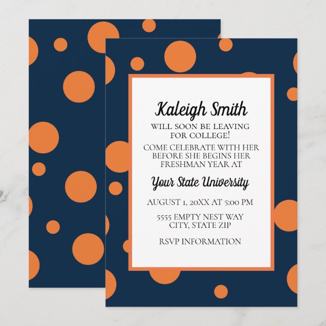 Navy Blue Orange Dots College Trunk Party Invitation (Front/Back)