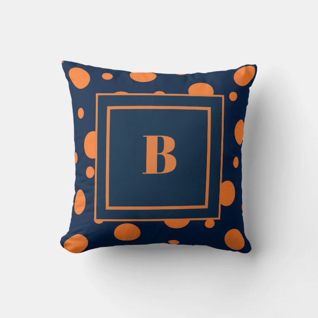 Navy Blue Orange Dots Large Monogram Cushion (Front)