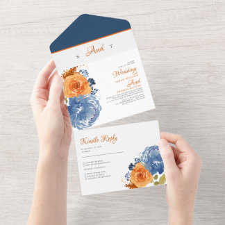 Navy Blue  Orange Fall  Floral Boho Wedding  All In One Invitation