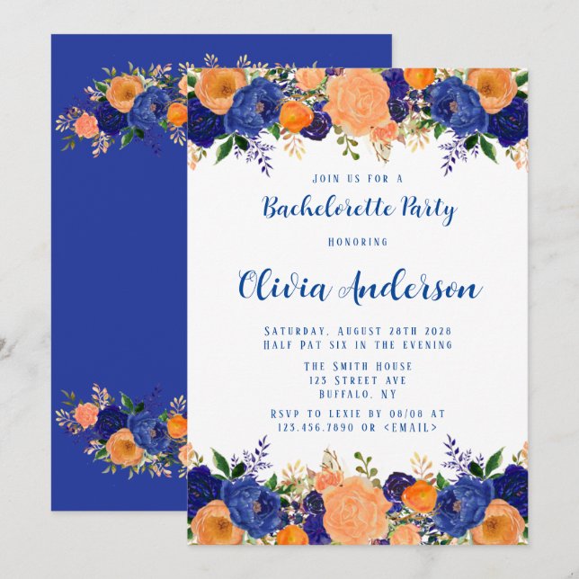 Navy Blue Orange Floral Bachelorette Party Invitat Invitation (Front/Back)