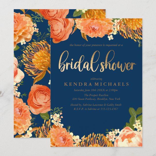 Navy Blue Orange floral Bridal Shower Invitation (Front/Back)