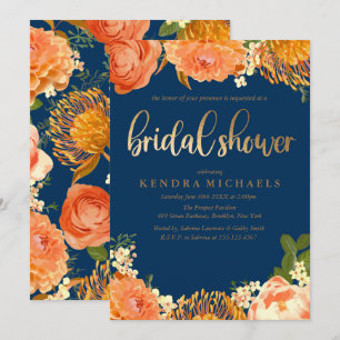 Navy Blue Orange floral Bridal Shower Invitation
