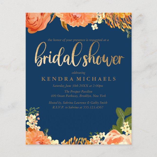 Navy Blue Orange floral Bridal Shower Invitation (Front)