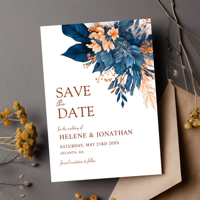 Navy Blue Orange Floral Elegant Wedding Save The Date (Floral Watercolor Modern Elegant Wedding Save The Date)