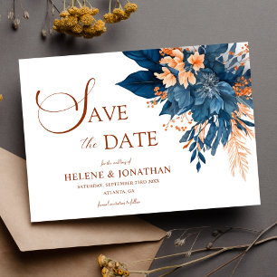 Navy Blue Orange Floral Garden Elegant Wedding Save The Date