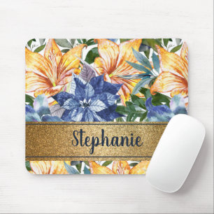 Navy Blue Orange Floral Gold Name Script   Mouse Mat