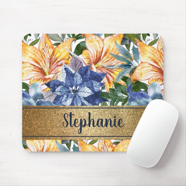 Navy Blue Orange Floral Gold Name Script   Mouse Mat (With Mouse)