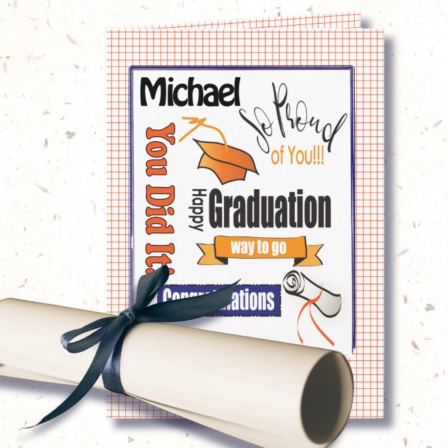 Navy Blue Orange Graduation Word Puzzle Card (Creator Uploaded)