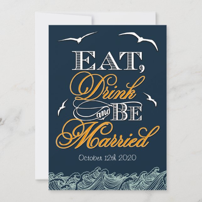 Navy Blue & Orange Nautical Wedding Invitations (Front)