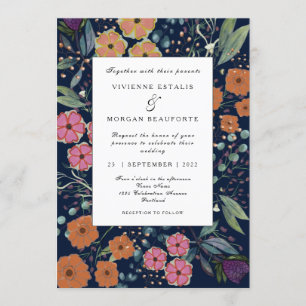 Navy blue orange pink flowers Spring wedding Invitation