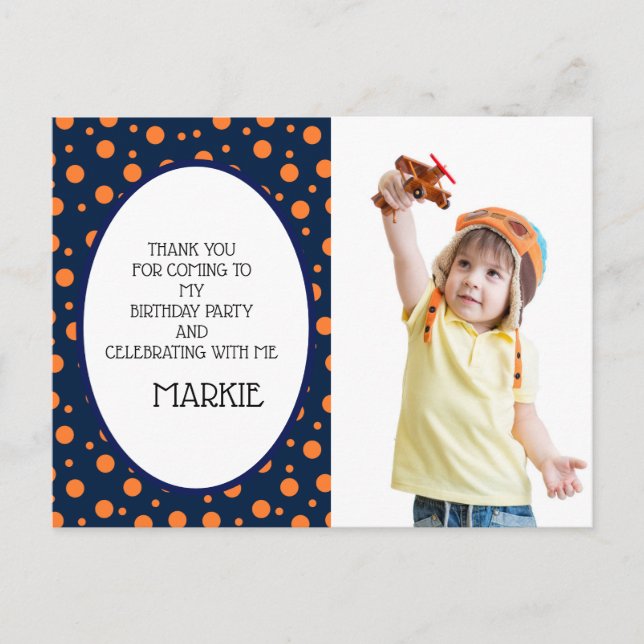 Navy Blue Orange Polka Dot Birthday Thank You Postcard (Front)