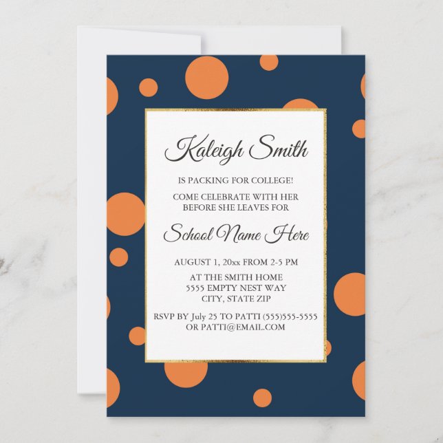 Navy Blue Orange Polka Dot College Trunk Party Invitation (Front)