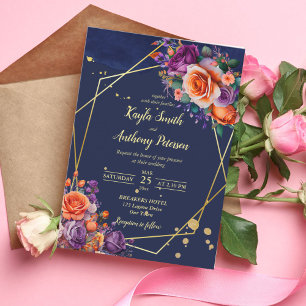 Navy blue orange purple roses wedding template