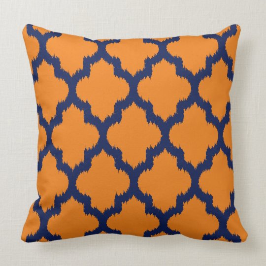 Navy Blue & Orange Quatrefoil Ikat Pattern Cushion Zazzle.co.uk