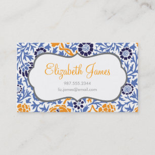 Navy Blue & Orange Retro Floral Damask Business Card
