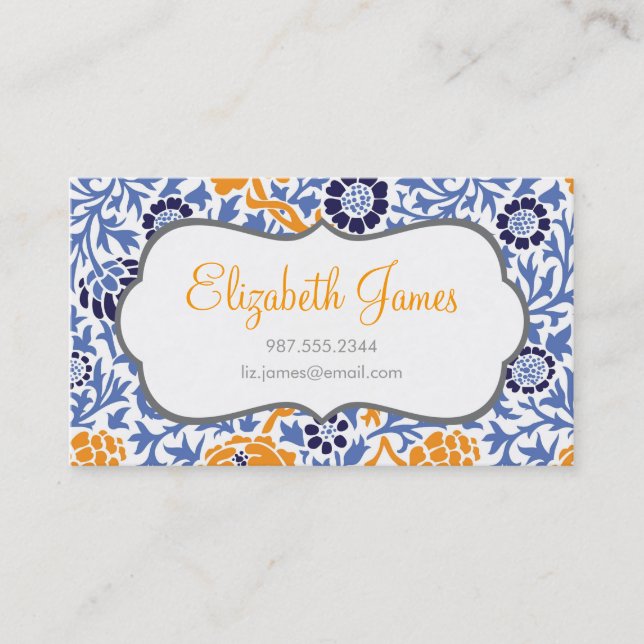Navy Blue & Orange Retro Floral Damask Business Card (Front)