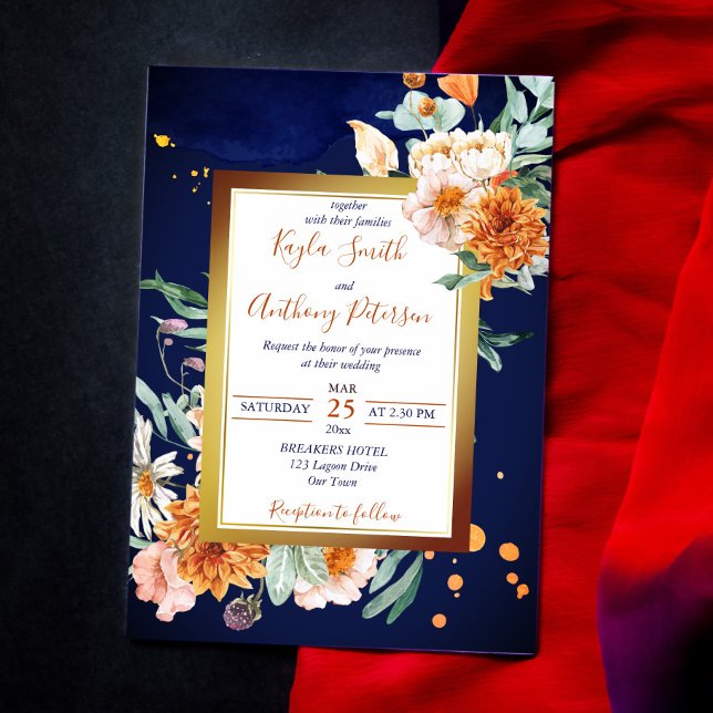 Navy blue orange roses cream flower wedding invite (Creator Uploaded)