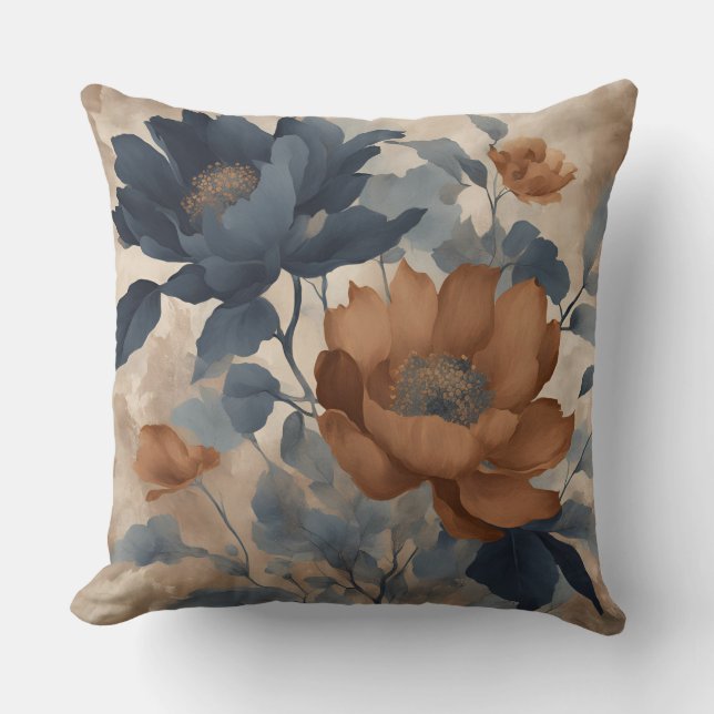Navy Blue Orange Rustic Farmhouse Floral Cushion (Front)